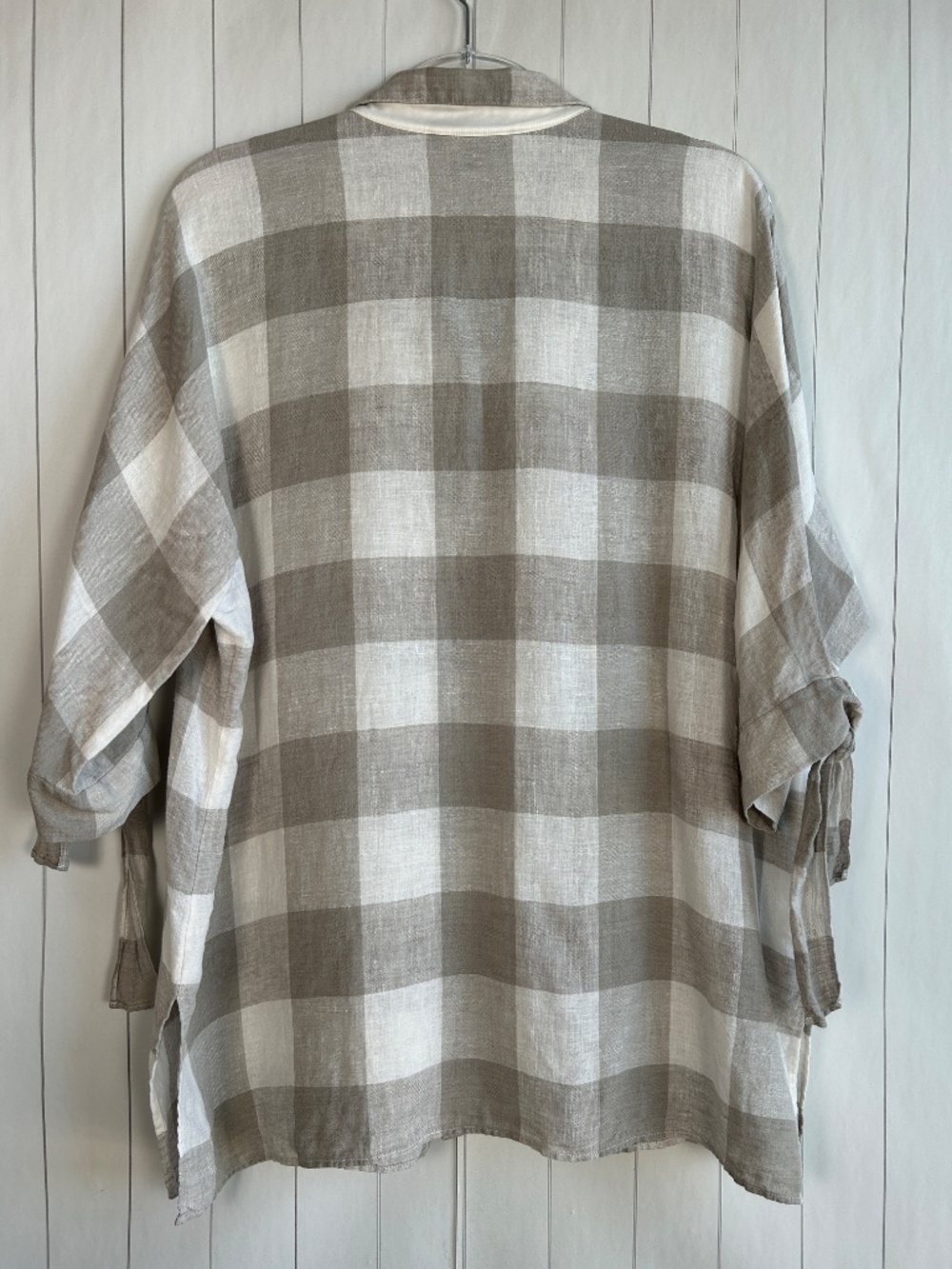 Lafayette 148 size L linen button front shirt plaid gray tie sleeve relaxed fit - Picture 5 of 9